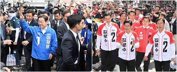 이재명 더불어민주당 대선 후보와 김문수 국민의힘 대선 후보가 각각 유세 장소인 창원 상남분수광장, 진주 광미사거리로 들어서고 있다. /김구연 기자 sajin@idomin.com