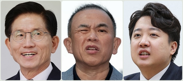 김문수 국민의힘 대선 후보, 정치거간꾼 명태균, 이준석 개혁신당 대선 후보. /연합뉴스