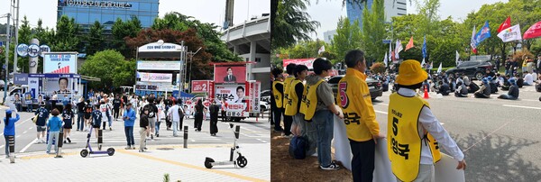더불어민주당과 국민의힘이 5월 31일 오후 창원NC파크 동문 주차장 입구에서 선거 유세를 벌이고 있다.(왼쪽) 민주노동당은  ‘정의로운 전환을 향한 노동자·시민 대행진’에 참가해 선거 유세를 했다.(오른쪽) /김구연·김다솜 기자 
