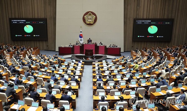 5월 1일 국회에서 열린 본회의에서 2025년도 제1회 추가경정예산안이 통과되고 있다. /연합뉴스