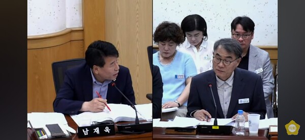 남재욱(국민의힘, 내서읍) 창원시의원이 17일 창원시의회 기획행정위원회 행정사무감사에서 민주화운동 단체 예산 삭감을 요구하고 있다./창원시의회 유튜브 캡쳐