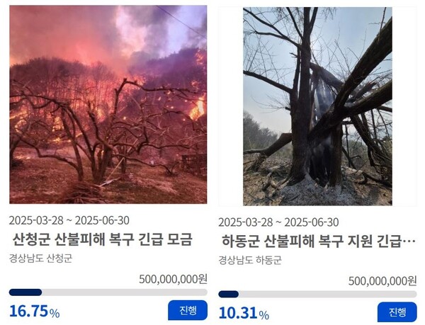 지난 3월 산청군과 하동군의 고향사랑기부 긴급 모금 진행 화면. /경남도민일보DB