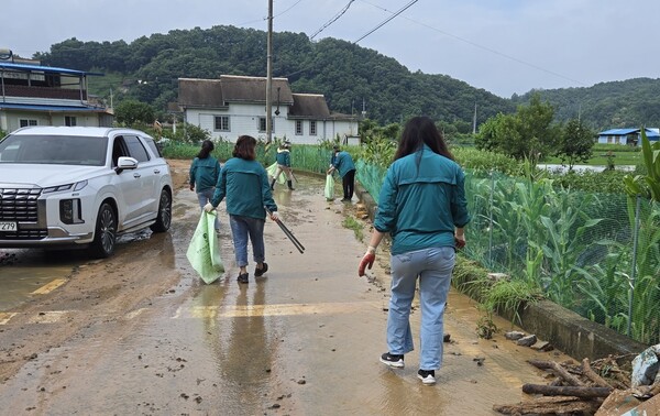 합천군청 공무원들이 21일 합천읍 영창마을 침수 지역을 청소하고 있다.  /합천군