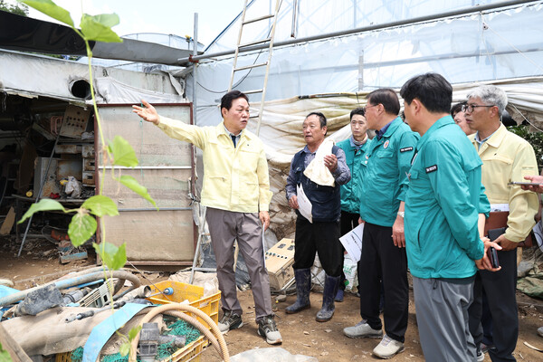 박완수 경남도지사가 22일 합천군 삼가면 외토리에 있는 만감류 시설하우스 침수 피해 농가를 찾아 현황을 점검하고 있다. /경남도 