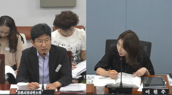 이원주(더불어민주당, 자산·교방·오동·합포·산호동) 창원시의원이 지난 21일 열린 창원시의회 제145회 임시회 문화환경도시위원회 문화시설사업소 하반기 업무보고에서 이쾌영 창원시 문화시설사업소장에게 질의하고 있다. /창원시의회