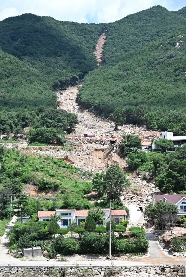 지난 22일 산청군 신안면 외송리 부근 산사태 현장. 나무와 토사가 흘러내린 흔적이 뚜렷하다. /김구연 기자