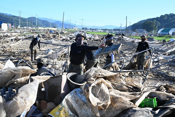 산청군 신안면 신기리 딸기 주산지에서 29일 특전사 군인들이 따가운 햇살 아래 복구 작업하고 있다./김구연 기자