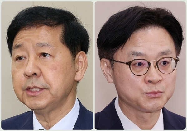 구윤철(왼쪽) 경제부총리 겸 기획재정부 장관과 김정관 산업통상자원부 장관이 6일 각각 국회 기획재정위원회, 산업통상자원중소벤처기업위원회 전체회의에 출석해 한미 관세협상 관련 보고를 하고 있다. /연합뉴스