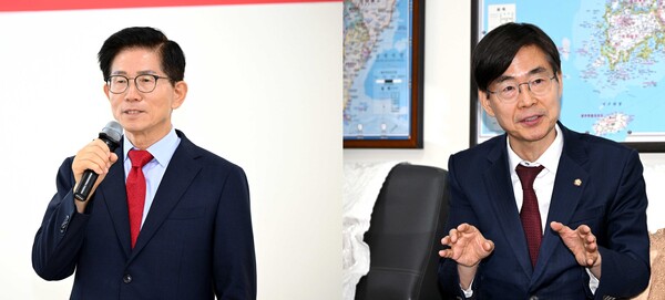 김문수(왼쪽) 후보는 5일에, 조경태(오른쪽) 후보는 6일에 경남도의회를 찾아 도의원과 간담회를 가졌다. /경남도의회 