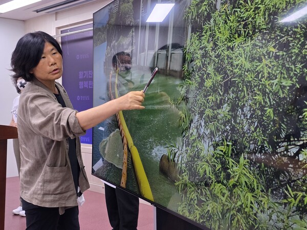 임희자 마산창원진해환경운동연합 공동의장이 25일 오전 경남도청 프레스센터에서 낙동강 녹조 문제를 설명하고 있다. /최석환 기자