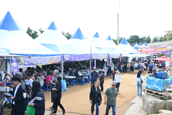 탐방객은 축제 기간 주말은 물론 평일에도 발길이 끊이지 않았다.  지역 부녀회에서 운영한 별바람언덕 먹거리 장터 모습. /거창군