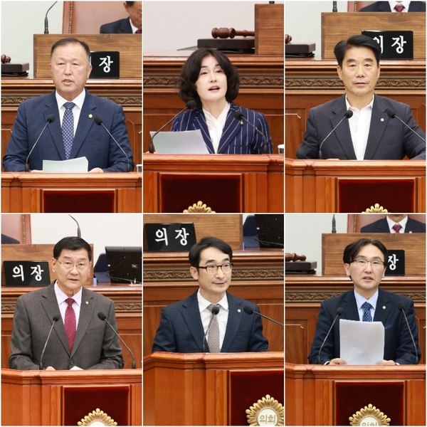 21일 열린 창원시의회 본회의에서 발언하는 시의원들. 왼쪽 위부터 시계 방향으로 백승규·한은정·이천수·전홍표·문순규·김우진 시의원. /창원시의회