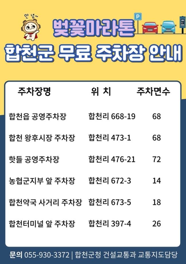 합천군, 합천벚꽃마라톤대회 당일 공영주차장 무료개방